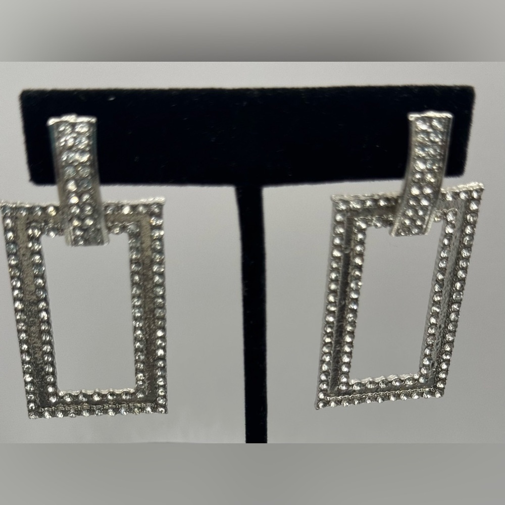 Silver Tone Rhinestone Rectangle Earrings NWOT